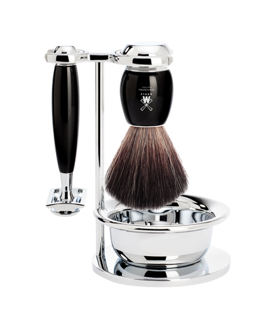 VIVO 4-Piece Shaving Set - Black Resin with Closed Comb Safety Razor, Black Fibre Shaving Brush, Stand & Bowl