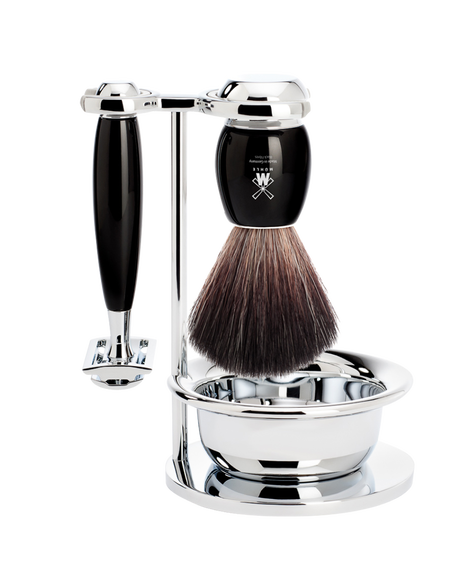 VIVO 4-Piece Shaving Set - Black Resin with Closed Comb Safety Razor, Black Fibre Shaving Brush, Stand & Bowl