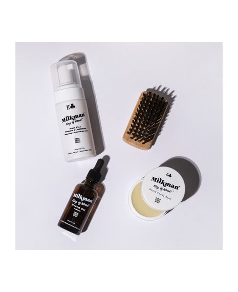 King of Wood 2 in 1 Beard Shampoo & Conditioner 100mL, Beard Oil 50mL, Beard Balm 60mL & Military Beard Brush Gift Set