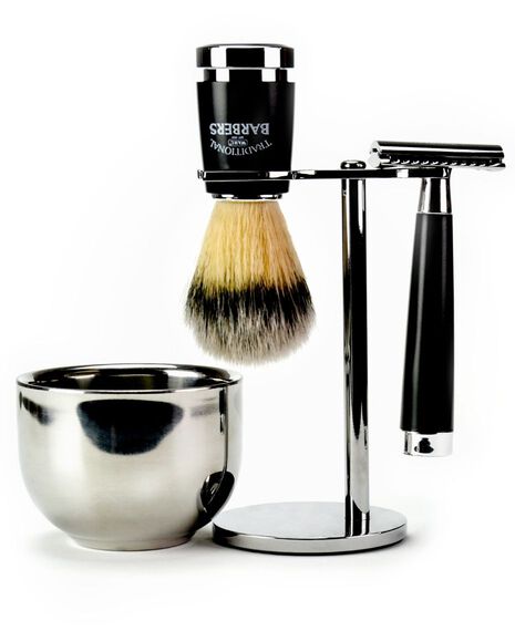 4 Piece Classic Shave Set with Silver Tip Nylon Brush