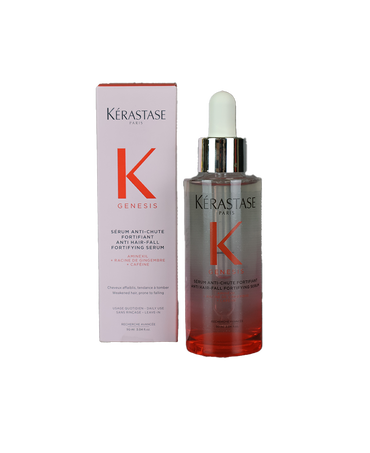 K&eacute;rastase Genesis Anti Hair-Fall Fortifying Serum 90mL in a clear glass pipette bottle with a pink-to-coral gradient and silver dropper cap, alongside its blush pink packaging box.