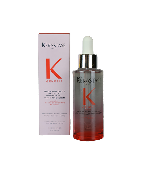 K&eacute;rastase Genesis Anti Hair-Fall Fortifying Serum 90mL in a clear glass pipette bottle with a pink-to-coral gradient and silver dropper cap, alongside its blush pink packaging box.