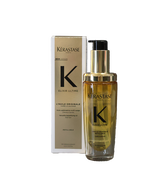 Ultime L'Huile Originale Refillable 75mL hair oil bottle with gold pump dispenser alongside its packaging box.