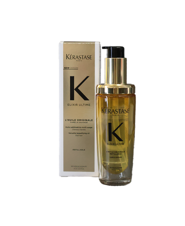 Ultime L'Huile Originale Refillable 75mL hair oil bottle with gold pump dispenser alongside its packaging box.