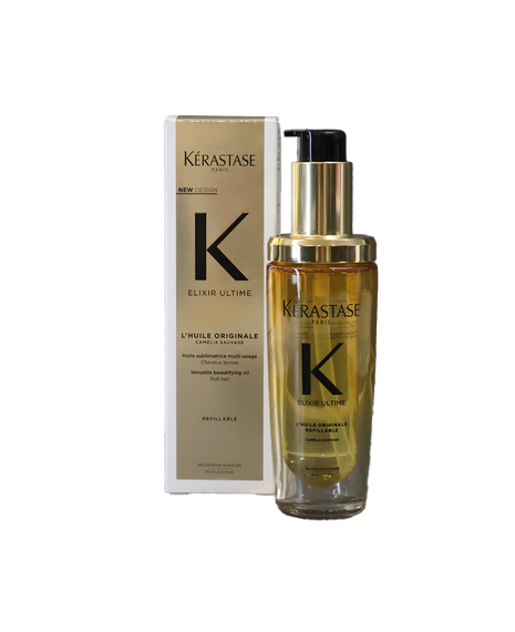 Ultime L'Huile Originale Refillable 75mL hair oil bottle with gold pump dispenser alongside its packaging box.