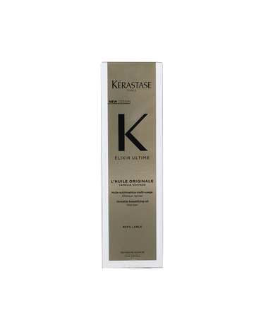K&eacute;rastase Elixir Ultime L'Huile Originale Refillable 75mL packaging box in olive gold with black typography, showing the product name, and Cam&eacute;lia Sauvage formulation.