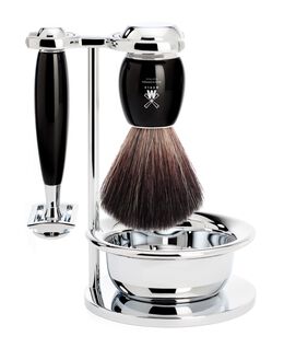 Vivo 4 Piece Black Fibre Shaving Brush & Razor Set - Black Resin