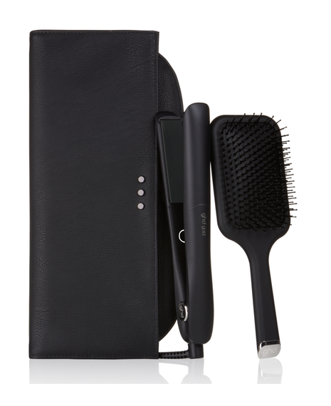 gold hair straightener gift set with paddle hair brush & bag