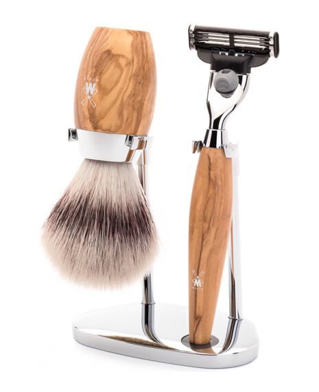 Kosmo 3 Piece Silvertip Fibre/Mach 3 Shaving Set - Olive Wood