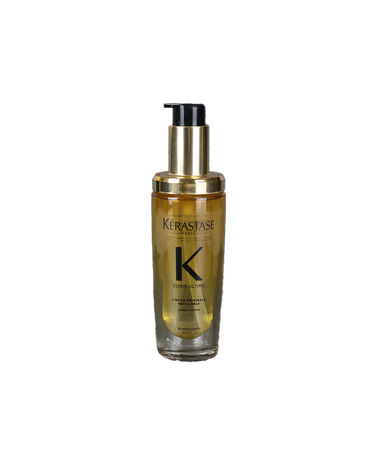 Ultime L'Huile Originale Refillable 75mL hair oil bottle with gold pump dispenser alongside its packaging box.