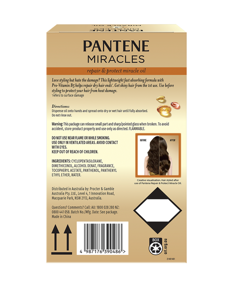 Pantene Repair & Protect Pro-V Miracle Oil 90mL 2 Pack box back showing ingredients and directions