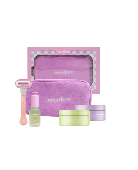 Silky Vibes Shave Set with Razor, Pre-Shave Scrub 100mL, Shave Oil 30mL, Post Shave Balm 100mL & Cosmetic Bag