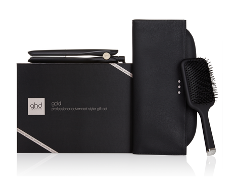 gold hair straightener gift set with paddle hair brush & bag