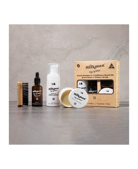 King of Wood 2 in 1 Beard Shampoo & Conditioner 100mL, Beard Oil 50mL, Beard Balm 60mL & Military Beard Brush Gift Set
