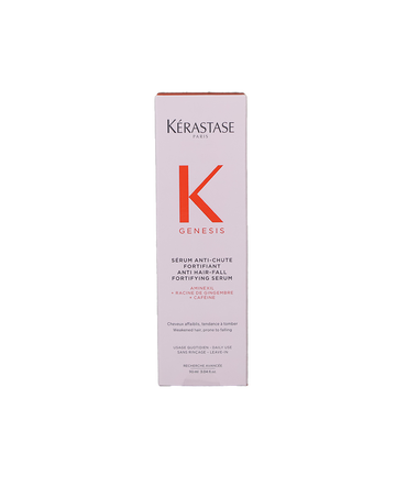 K&eacute;rastase Genesis Anti Hair-Fall Fortifying Serum 90mL packaging box in blush pink with a coral red K logo, showing the S&eacute;rum Anti-Chute Fortifiant name and Aminexil, Ginger Root and Caffeine callouts