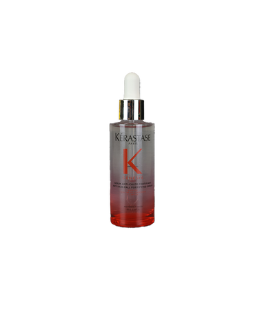 K&eacute;rastase Genesis Anti Hair-Fall Fortifying Serum 90mL in a clear glass pipette bottle with a pink-to-coral gradient and silver dropper cap, alongside its blush pink packaging box.